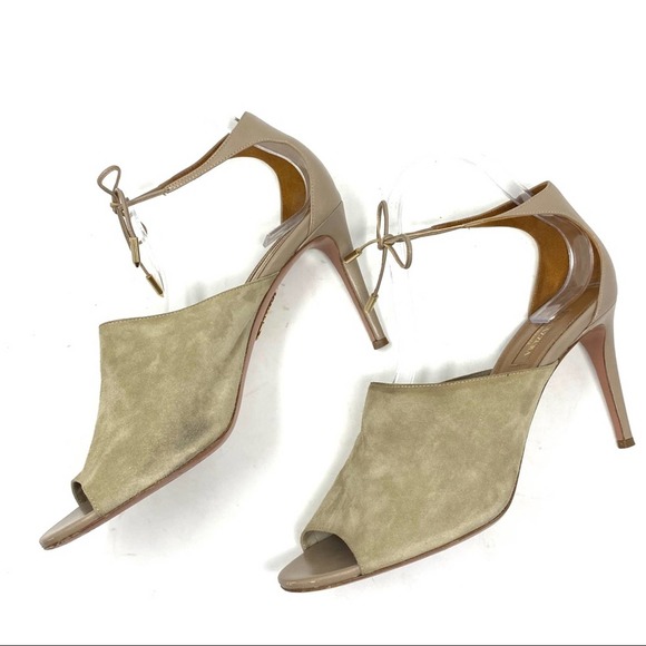 Aquazzura Estelle Leather Suede Cream Grey Taupe Ankle Tie Peep Toe Heels - Picture 1 of 13
